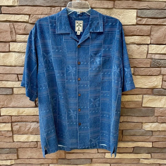 Montego Mon Aloha Hawaiian Shirt Small Silk Blue Palms Floral Button Down EUC - Picture 1 of 5